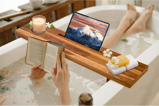 Bathtub Tray for Standard Tubs – 29" Adjustable Teak Wood Bath Caddy | Anti-Tip, Non-Toxic, Waterproof, Sustainable Bath Tray Organizer for Relaxing Spa & Home Use