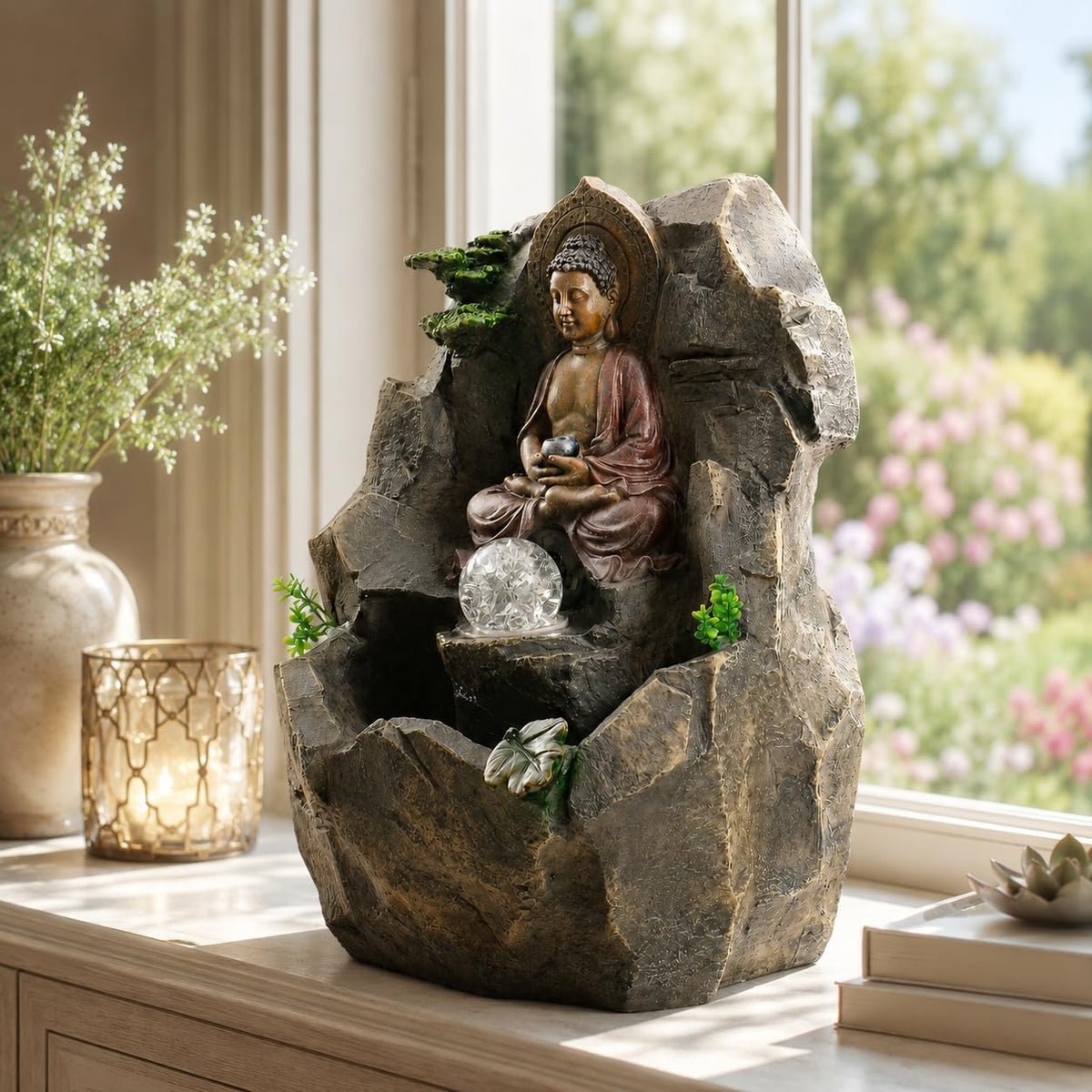 Indoor Tabletop Water Fountain with LED Light, Resin Rock-Look Waterfall Decor, Feng Shui Inspired Zen Fountain for Desk, Office, Bedroom, Living Room & Meditation Space (9" Cascading Rock)