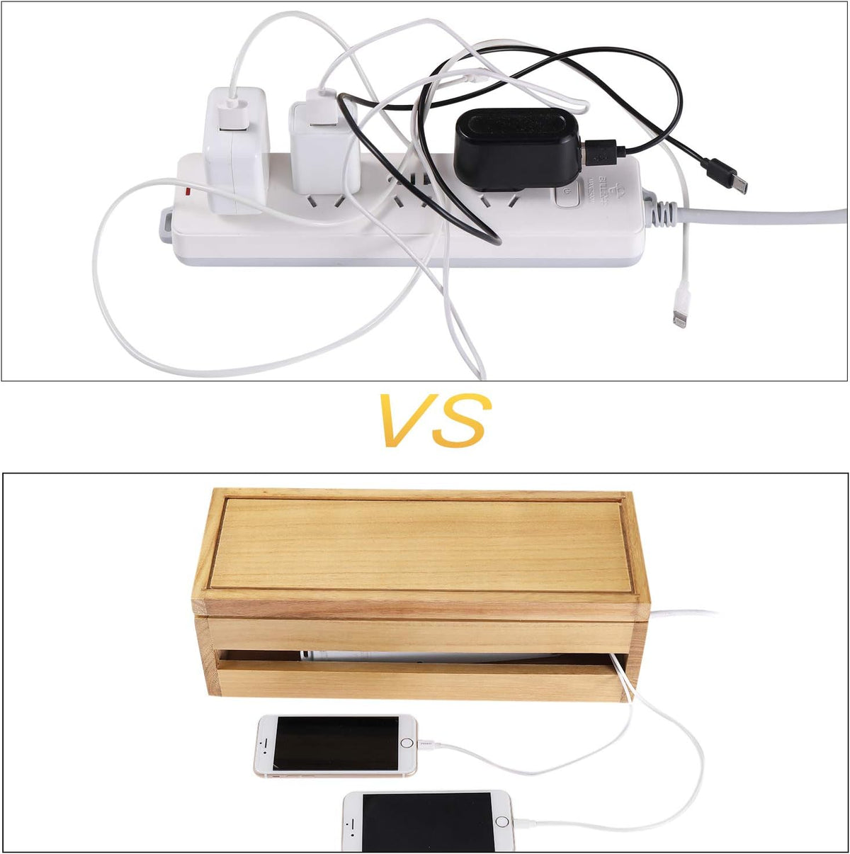 Changsuo Cable Management Box Wooden Cord Organizer Box for Extension Cord Power Stripe Surge Protector Wire Management Concealer Cover Hider for Desktop Home Office Kitchen (Brown)