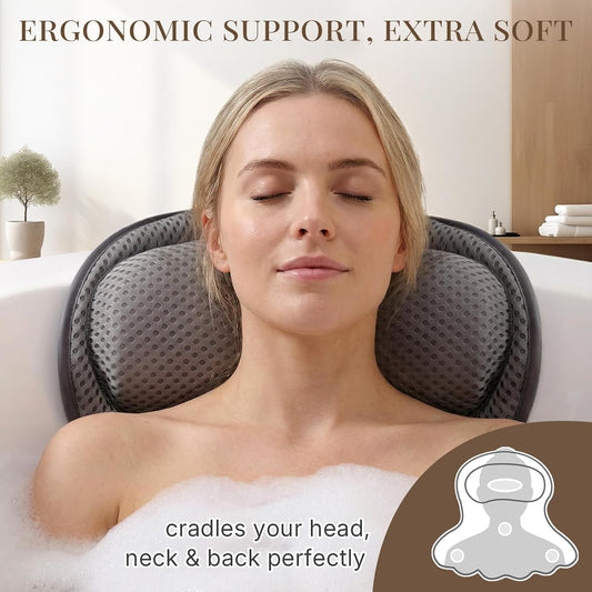 Bath Pillow Bathtub Pillow, Luxury Bath Pillows for Tub Neck and Back Support, Bath Tub Pillow Headrest with Soft 4D Mesh Fabric and Non-Slip Suction Cups, Relaxing Bath Accessories Spa Gifts