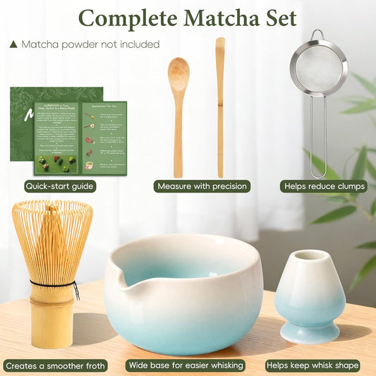 Matcha Whisk Set, Ceramic Matcha Set Includes Bowl & Holder, Bamboo Whisk (Chasen), Scoop, Spoon and Sifter, 6PCS Matcha Kit Covers Everything Needed for Making Matcha (Green)