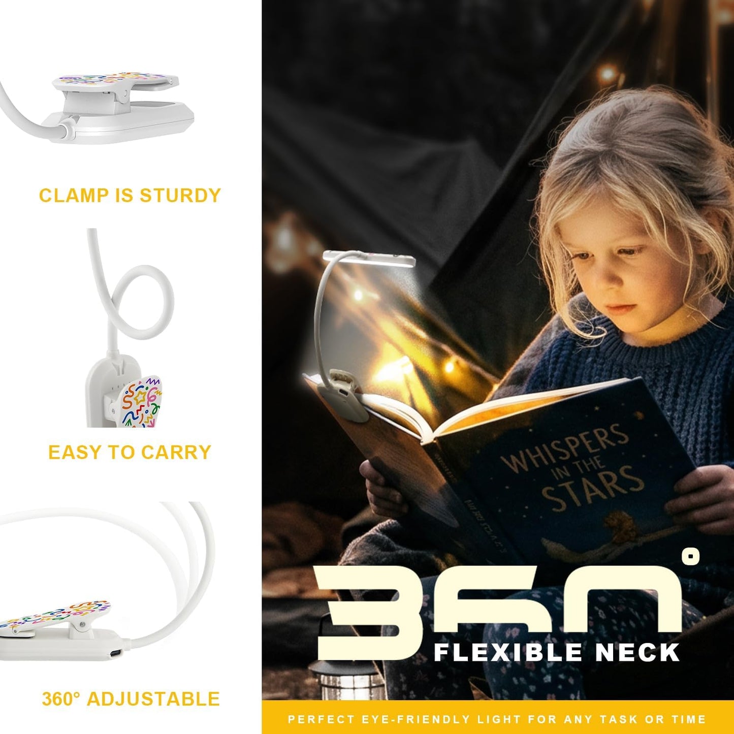 Rechargeable Kids Book Light, Cute Bookmark Reading Light for Kids, Dimmable Portable LED Book Light for Reading in Bed, Eye-Caring Bedtime Reading Lamp for Children & Travel, Black