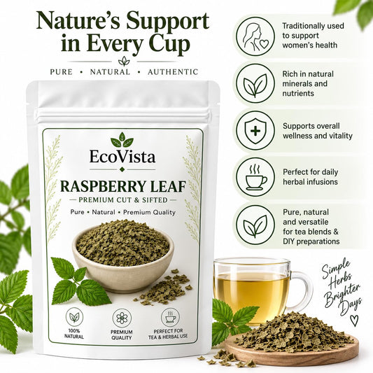 Ecovista Organic Raspberry Leaf (Rubus Idaeus) 4oz – Premium Cut & Sifted Raspberry Leaves for Herbal Tea, Loose Leaf Tea Blends, DIY Herbal Preparations, Resealable Freshness Pouch