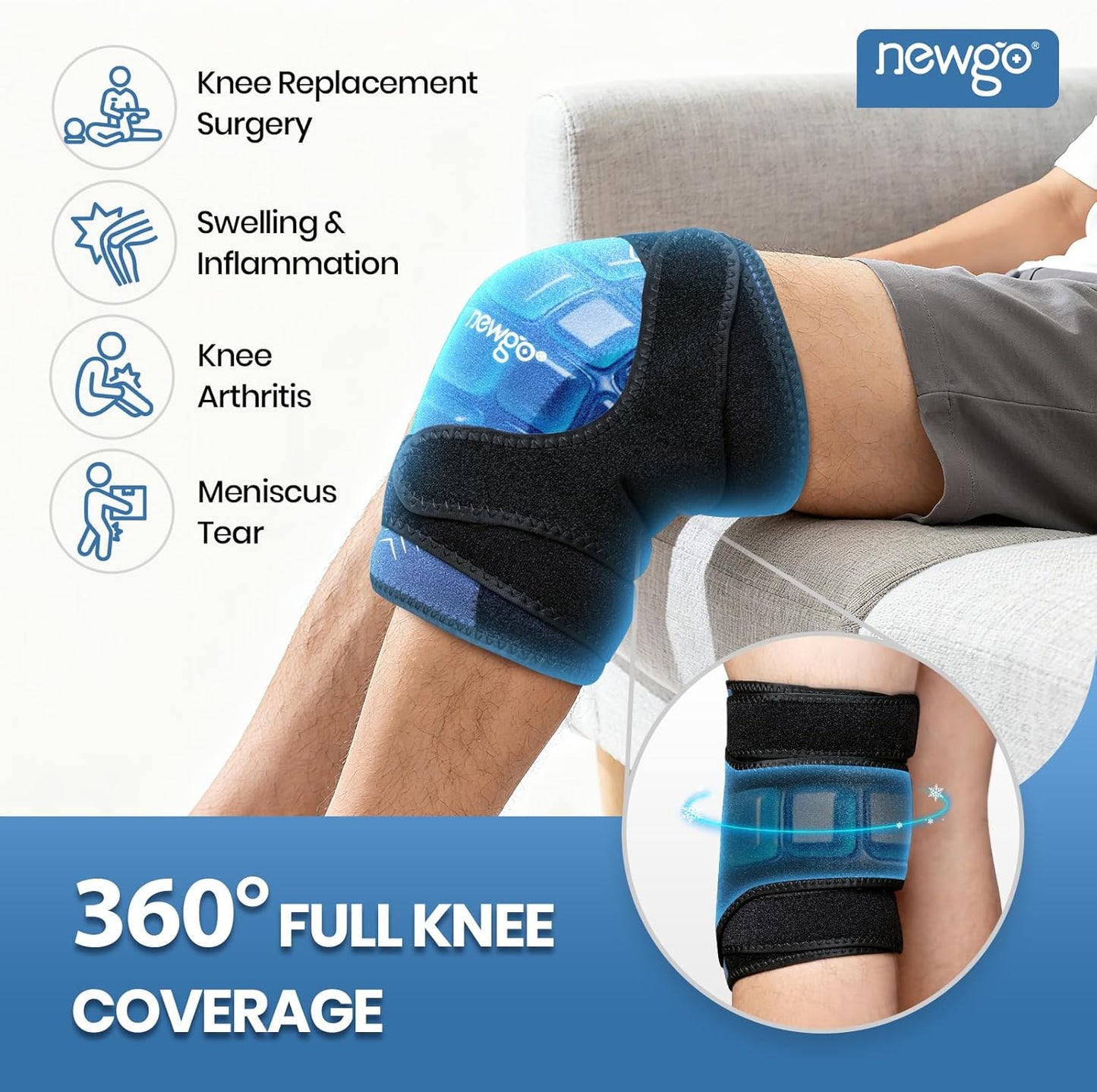 NEWGO 360° Knee Ice Pack Wrap, 60 Minutes Extended Cold Therapy with Ice Grid Gel, Ergonomic Y-Shape Snug Fit for Sports & Surgery Recovery, Swelling, Leak-Resistant, Reusable Design