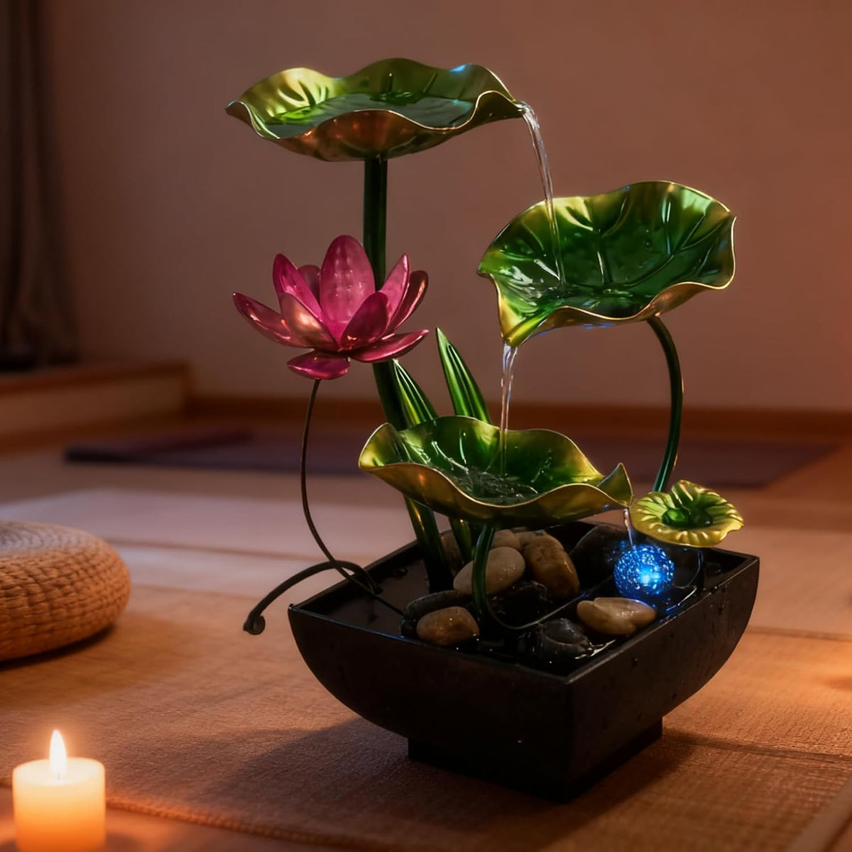 AOZITA Tabletop Fountain, Indoor Waterfall Fountain, Small Home Décor Zen Relaxation Soothing Sound Machine for Office, Living Room, or Bedroom,Blue Metal Lotus with Bud, River Rocks,Round LED