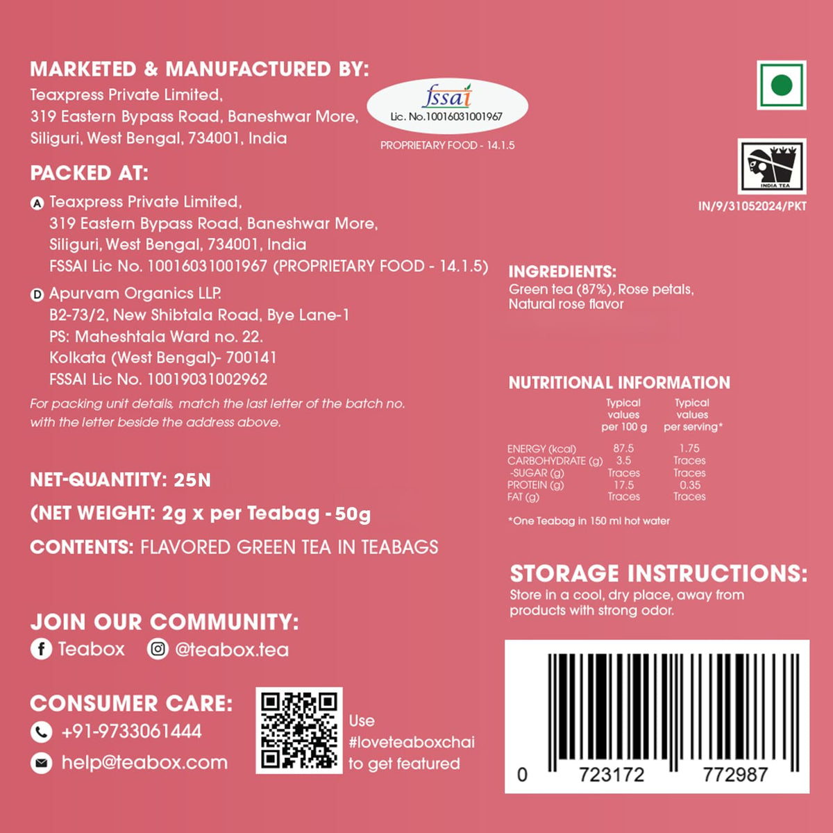 Teabox Premium Darjeeling Green Tea With Natural Rose Petals |100% Whole Leaf & 0% Bitterness | Green Tea From The Himalayas | 25 Tea Bags (Low Caffeine)