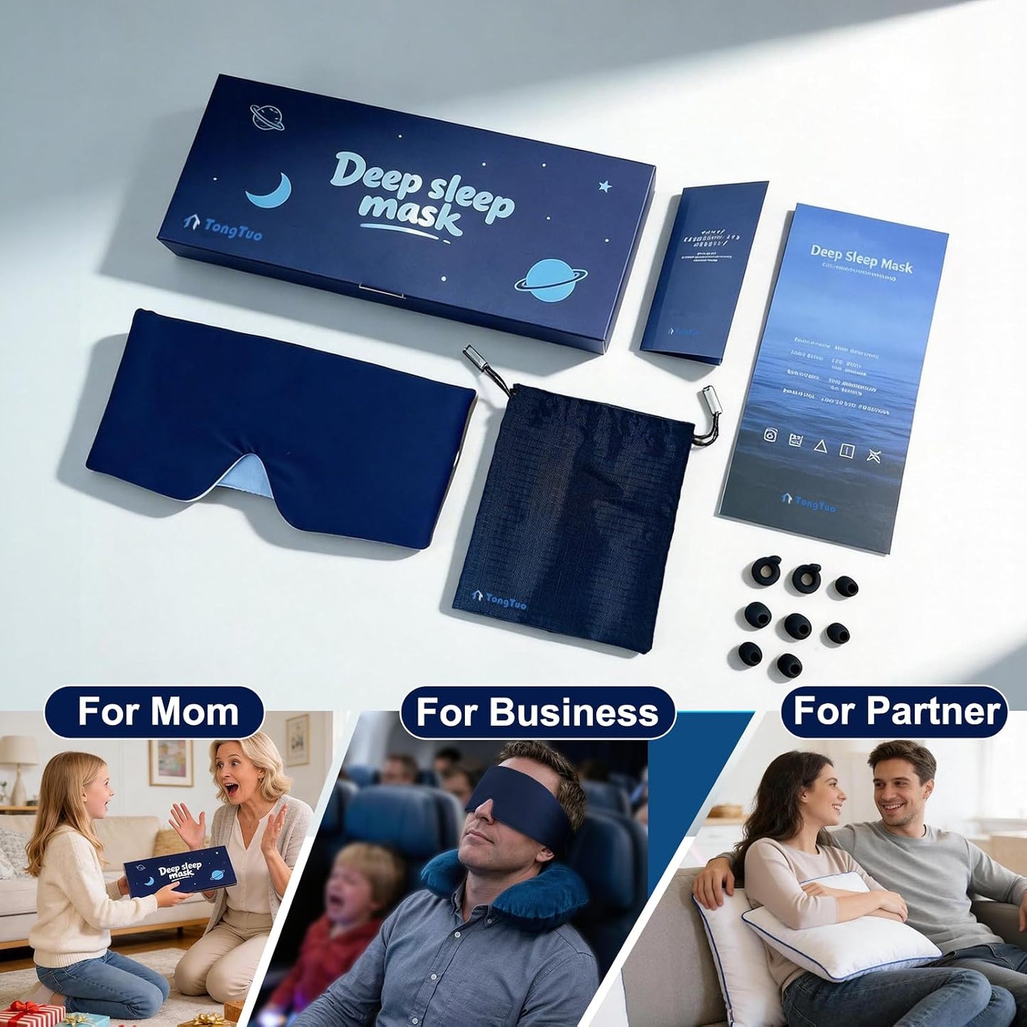 Sleep Mask for Men, Blackout Eye Mask for Sleeping, Hypoallergenic Ultra-Lightweight Full Coverage Blindfold with Quiet Adjustable Strap, Reversible & Cooling – for Airplane Travel