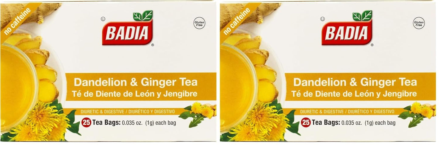 Badia Dandelion & Ginger Tea, 25 Bags – Herbal Detox Blend for Digestive Support and Liver Health