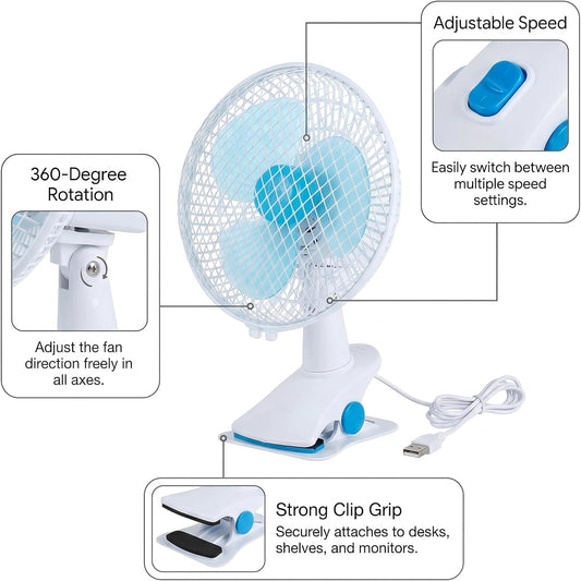 Clip On Fan, 8.66 Inch Desk Fan with Auto Oscillation, 20W 2 Speed Quiet Operation, 2.5 Inch Strong Grip Clamp, White AB
