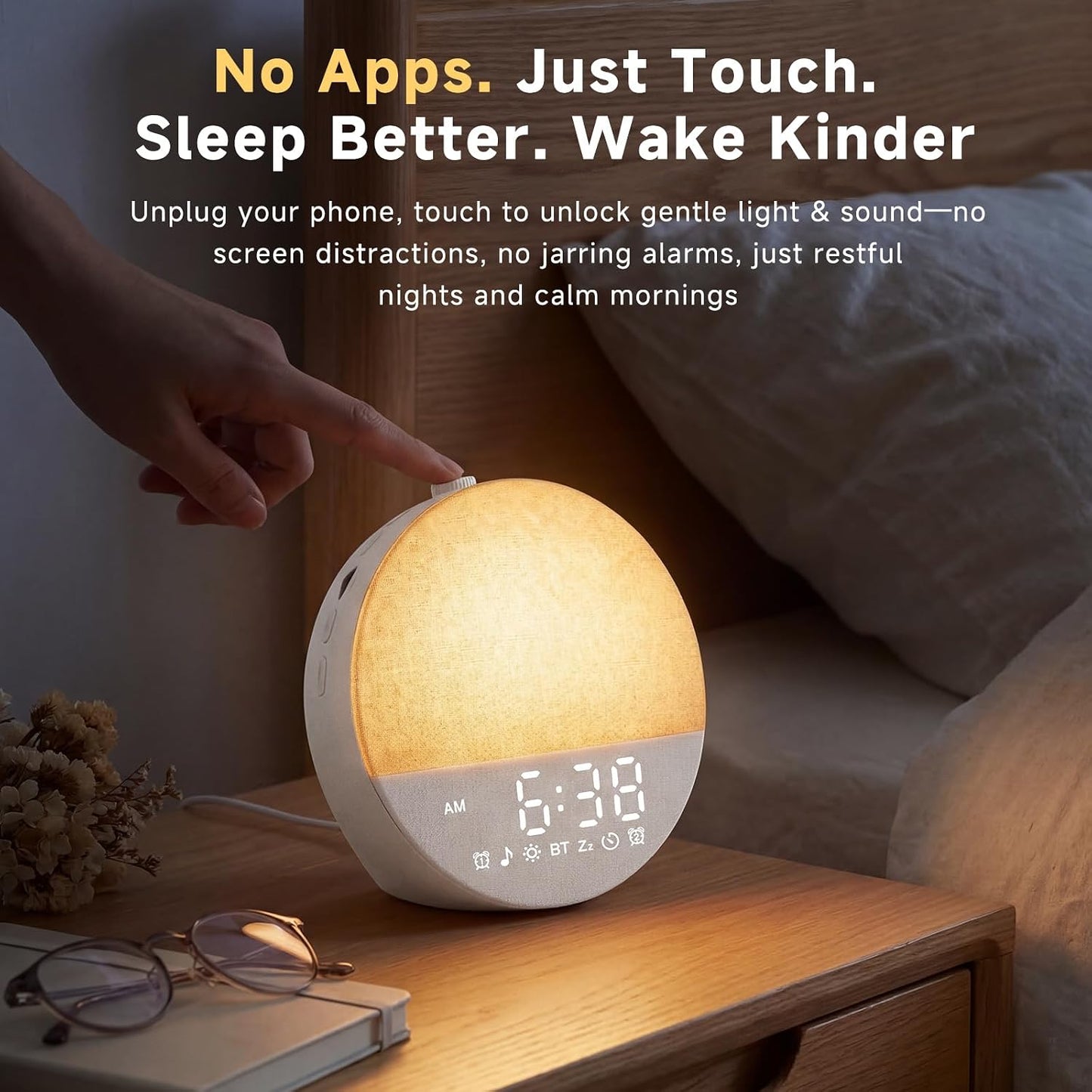 Geuuap Sunrise Alarm Clock White Noise Machine | Natural Wake-Up Light for Bedroom with 30 Soothing Sleep Aids, Bluetooth Speaker, Dimmable Clock, Screen-Free Design for Baby Adults Kids-Khaki