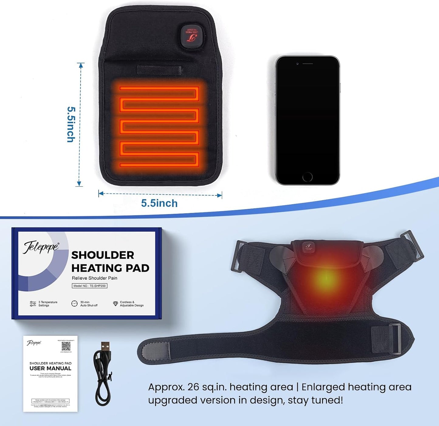 Cordless Shoulder Heating Pad, Heated Shoulder Brace for Rotator Cuff Frozen, 3 Heat Levels, 3000mAh Rechargeable Battery, Shoulder Wrap for Pain Relief Deep Tissue for Men Women (Black)