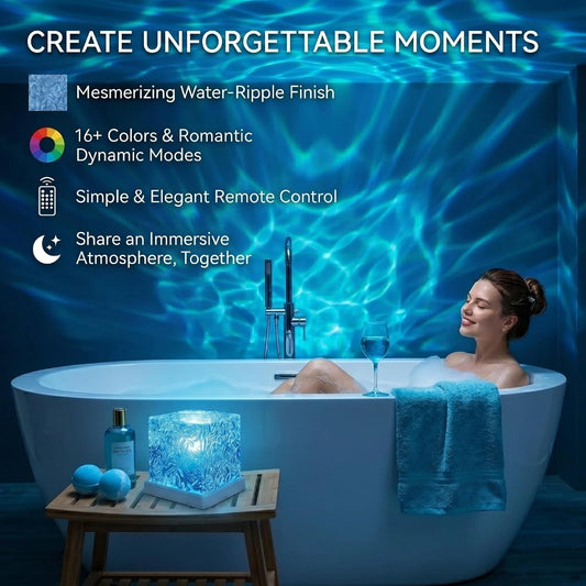 Rechargeable Ocean Wave Projector Light, 16 Color Changeable & Dimmable Shower Lamp with Remote, Cube Mood Ambient Lighting, Ocean Room Decor, Cordless Night Light for Bathroom, Room Decor