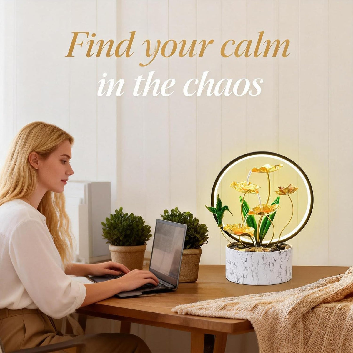 15" H Indoor Modern Tabletop Water Fountain LED Light, Yoga Meditation Room Father Day Decor Lotus Flower Floor-Standing Fountain