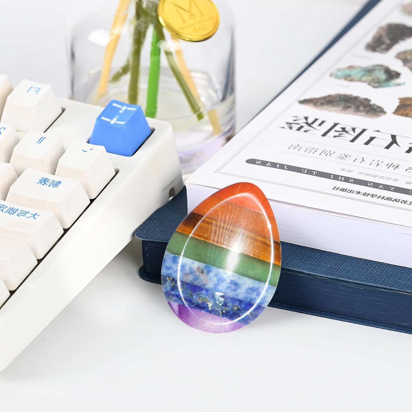 Gemstone Worry Stone, Chakras Worry Stone for Anxiety, Hand Carved Natural Pocket Palm Stones Water Drop Shape 7 Chakra Crystals and Healing Stones for Yoga Meditation 1.7"