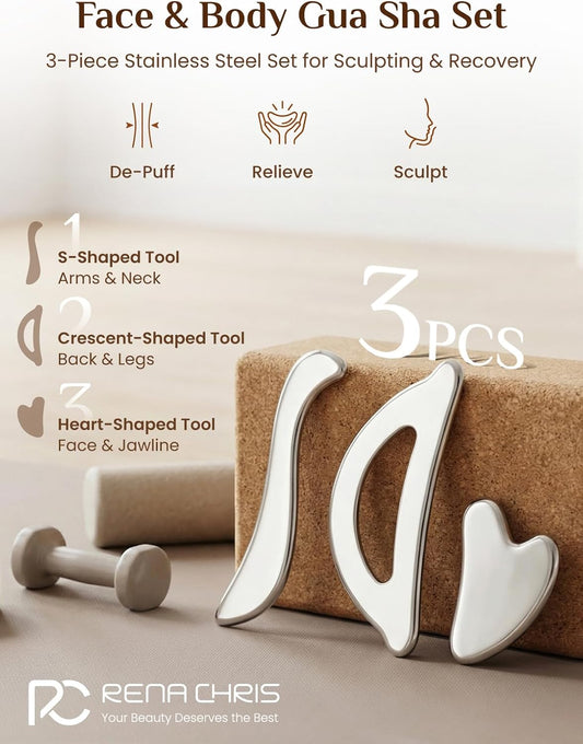 Rena Chris Gua Sha & Muscle Scraper Tool, Stainless Steel Body & Face Gua Sha Set for Deep Tissue Massage & Lymphatic Drainage, Guide & Travel Pouch Included (3-Piece Kit)