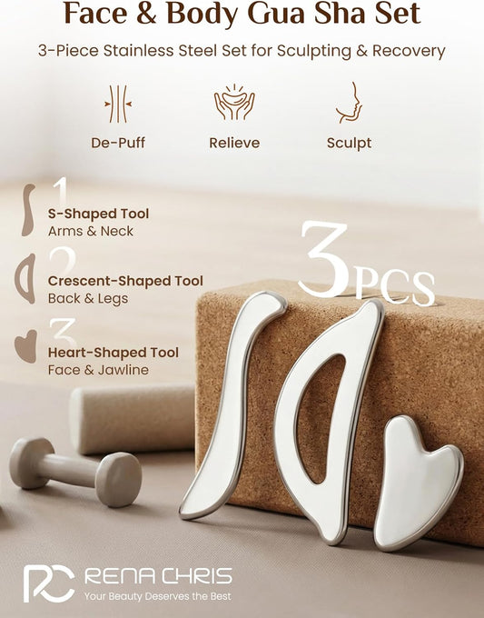 Rena Chris Gua Sha & Muscle Scraper Tool, Stainless Steel Body & Face Gua Sha Set for Deep Tissue Massage & Lymphatic Drainage, Guide & Travel Pouch Included (3-Piece Kit)