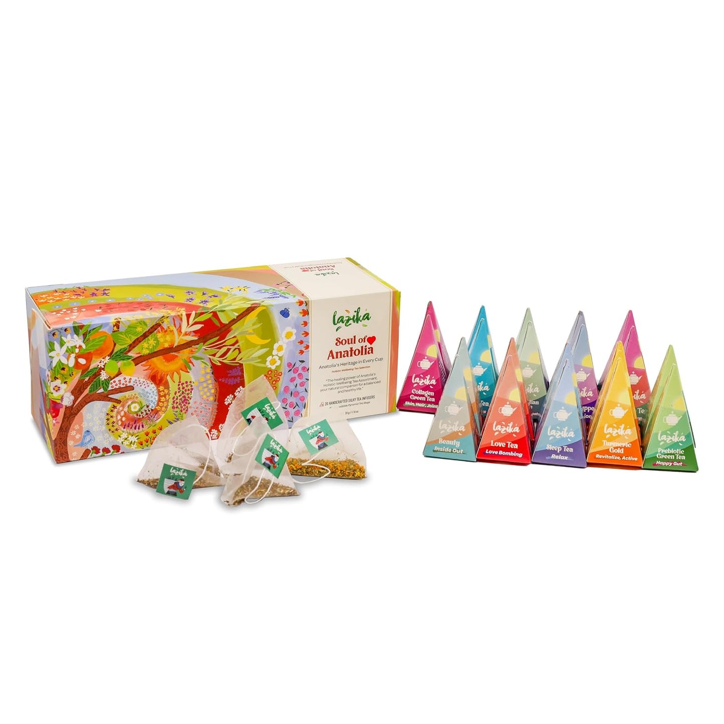 Lazika Tea Sampler with Premium Presentation Box, 10 Counts, Mothers Day Gifts, 2 of Each Blend Individually Wrapped, Black, Green and Herbal Tea Variety Gift Set, Collection with Pyramid Infuser Bag