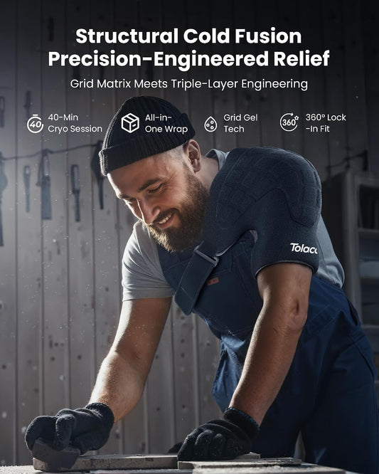 Tolaccea Shoulder Ice Pack Brace with Integrated Triple-Layer Coldfocus Gel, Shoulder Compression Frozen Sleeve with 40-Min Cold & Hot Therapy for Rotator Cuff, Tendonitis, Surgery Recovery