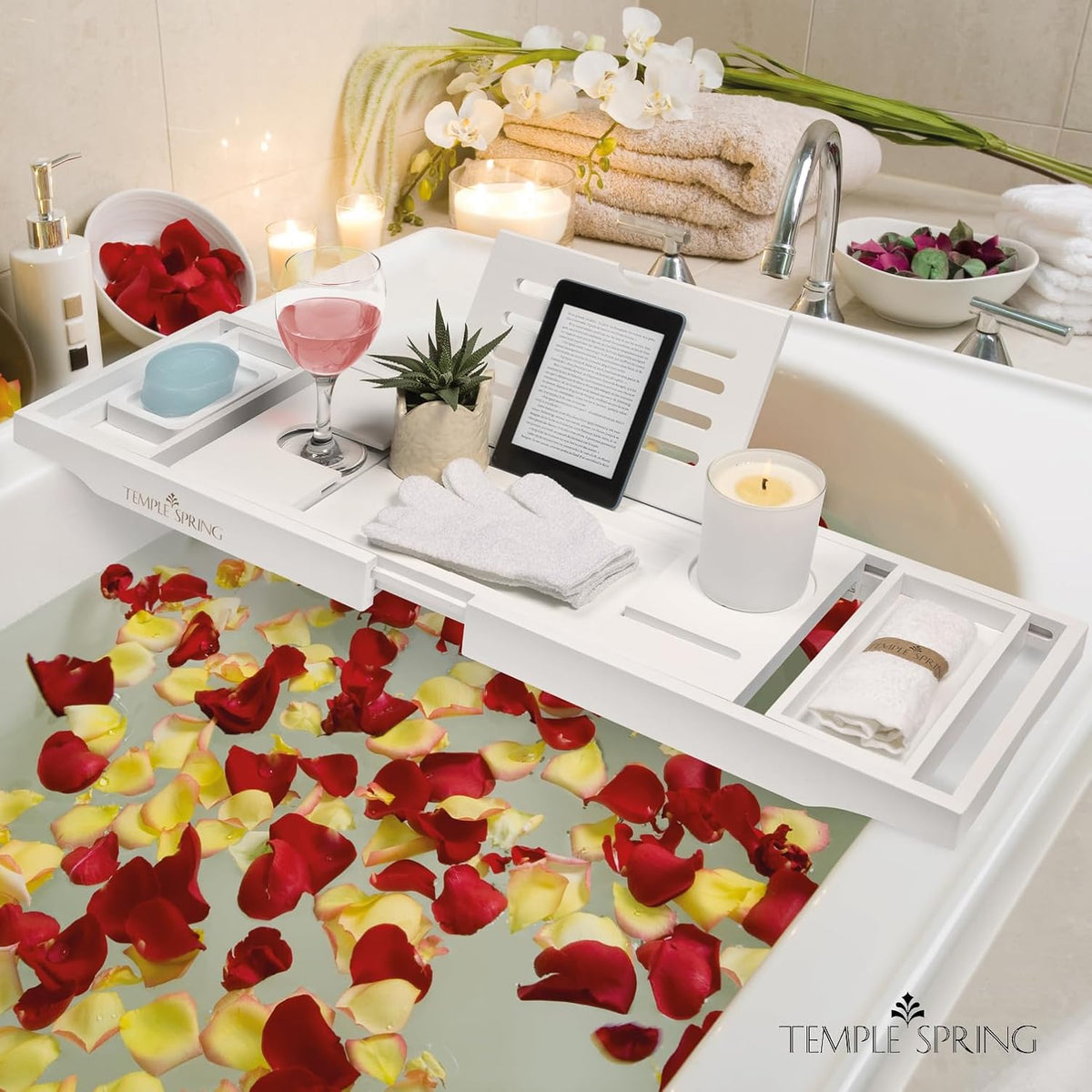 Temple Spring Bamboo Bathtub Tray Caddy for Tub — Expandable Wood Bath Tray with Solid Book Stand Wine Holder and Non-Slip Pads — Includes Bamboo Soap Dish and Spa Accessories — Luxury Bath Gift Set