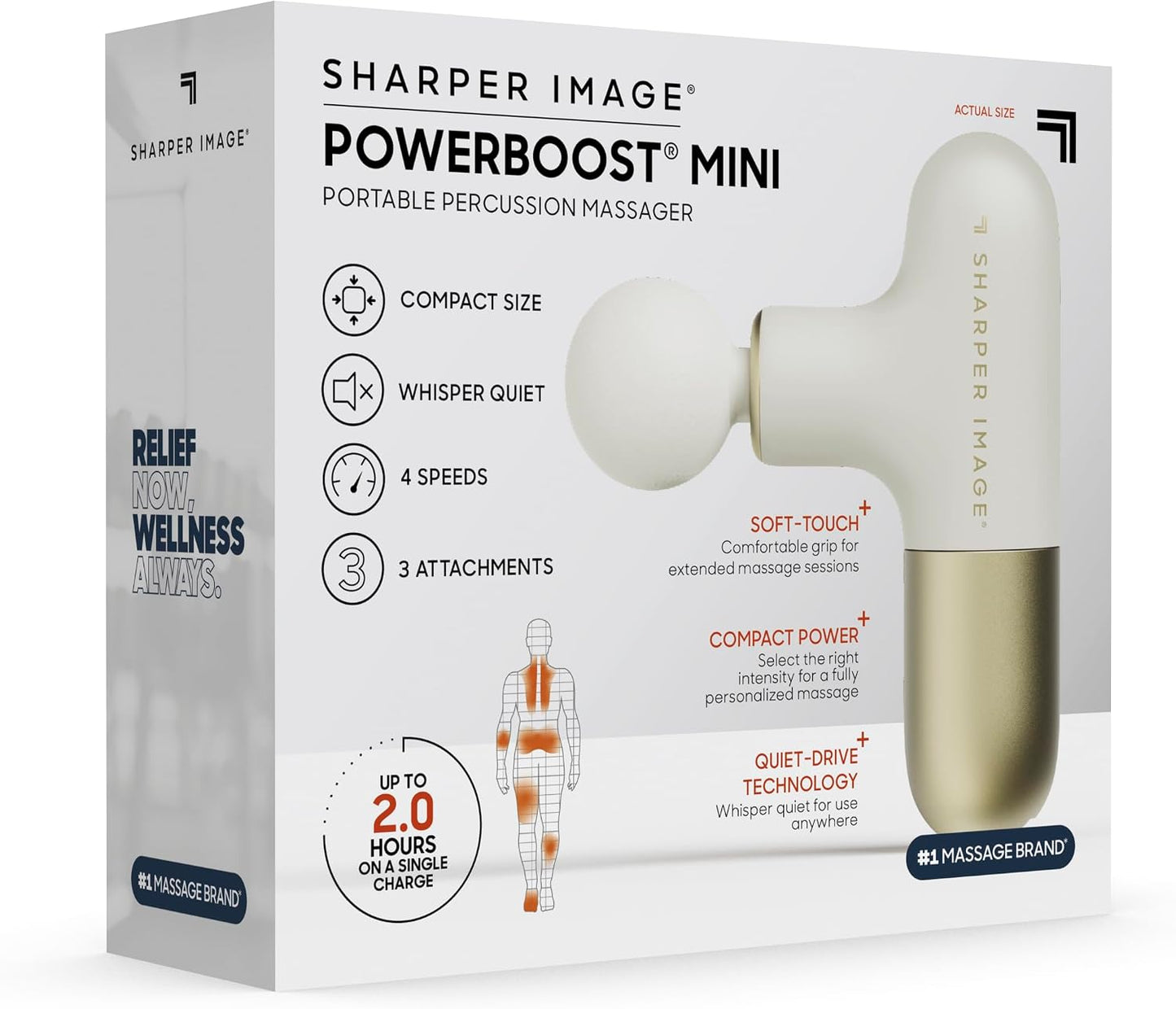 Sharper Image Powerboost Move - Mini Percussion Massage Gun| 4 Attachments, 4 Speeds, FSA Eligible| Full Body Back & Shoulder Massager| Deep Tissue Muscle Recovery| Portable Pain Relief Massage Tool