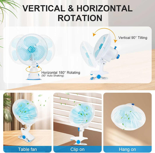 Oscillating Clip on Fan, Adjustable Tilt 2 Speeds Quiet Clamp Fan Wall Mount Auto Shaking Fan Personal Fan for Home Office Dorm Table Bedroom Kitchen with 3.94FT Cord
