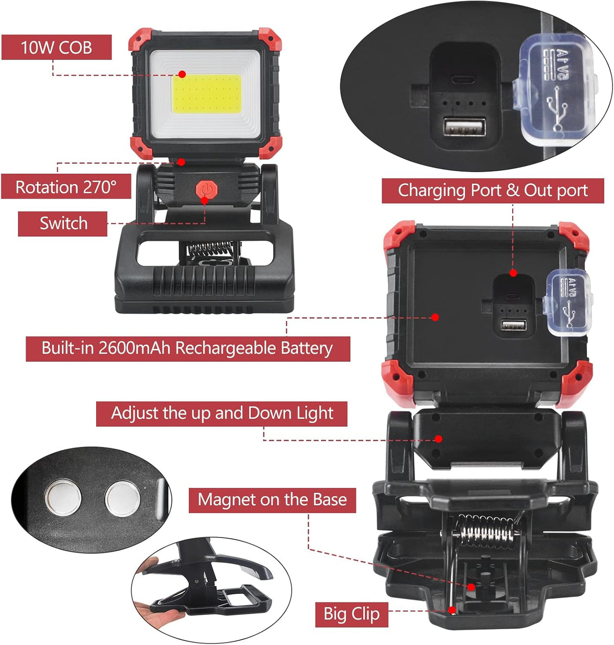 Tresda LED Rechargeable Work Light with Clamp, 2100LM COB Magnetic Work Light with 3 Light Modes, 270° & 180° Rotation, Waterproof, Perfect for BBQ, Jobsite, Workshop, Car Repairing