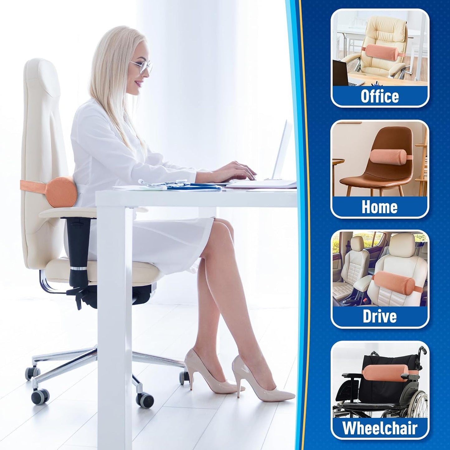 CushZone Lumbar Roll Support Pillow for Office Chair, Car, Gaming Chair, Memory Foam Back Cushion with Washable Cover for Relieving Back Pain & Improving Posture,Black