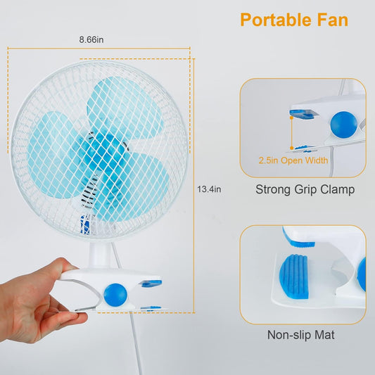 TeqHome Clip on Fan, 9" Small Portable Desk Fan with Cord Powered 2 Speeds