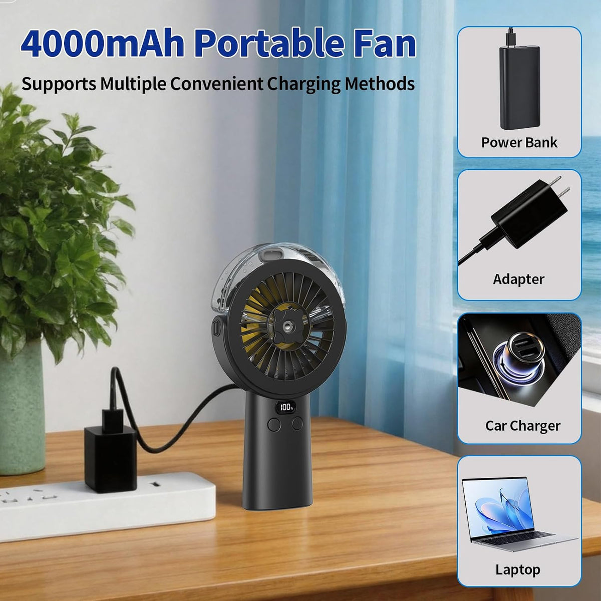 BQSS Handheld Misting Fan Portable for Travel Home Office Outdoor, White