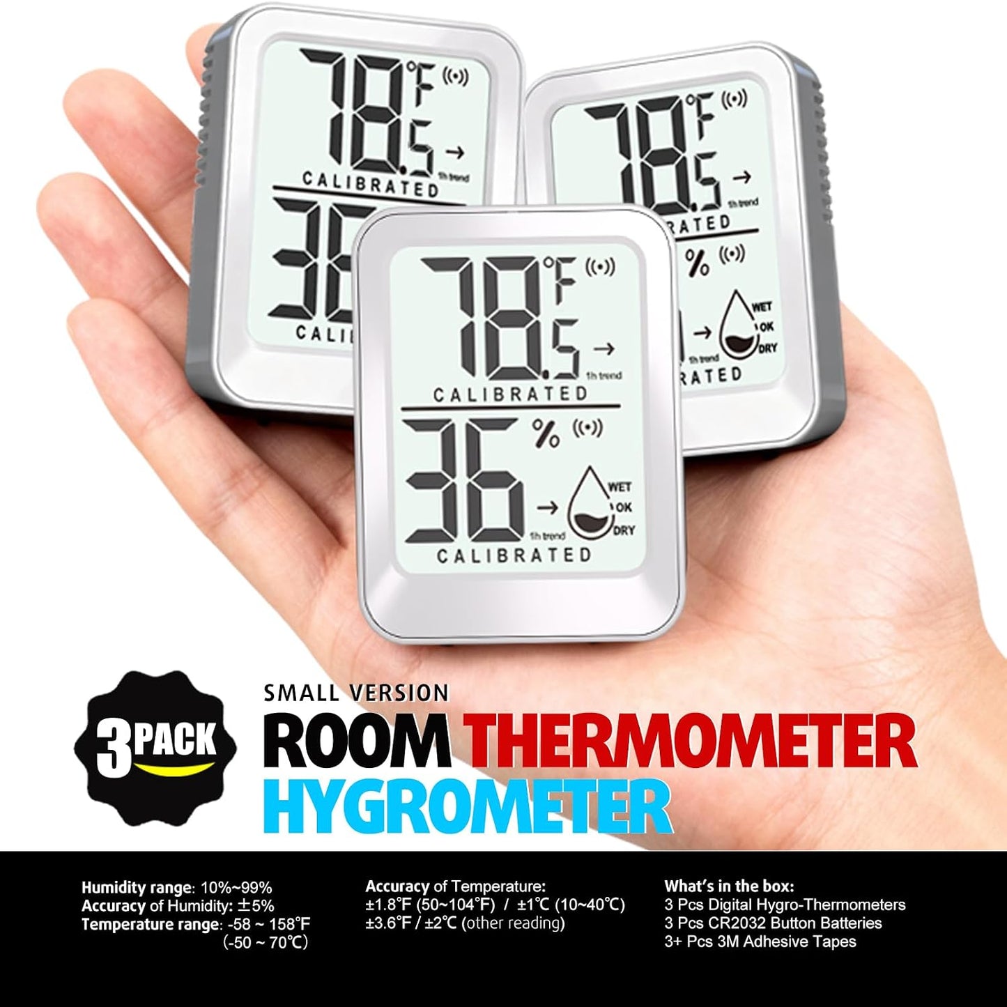 3 Pack Room Thermometer Indoor Hygrometer Digital Mini Humidity Meter Gauge with Temperature and Humidity Monitor Sensor for House, Pet, Plant, Incubator - Battery Included