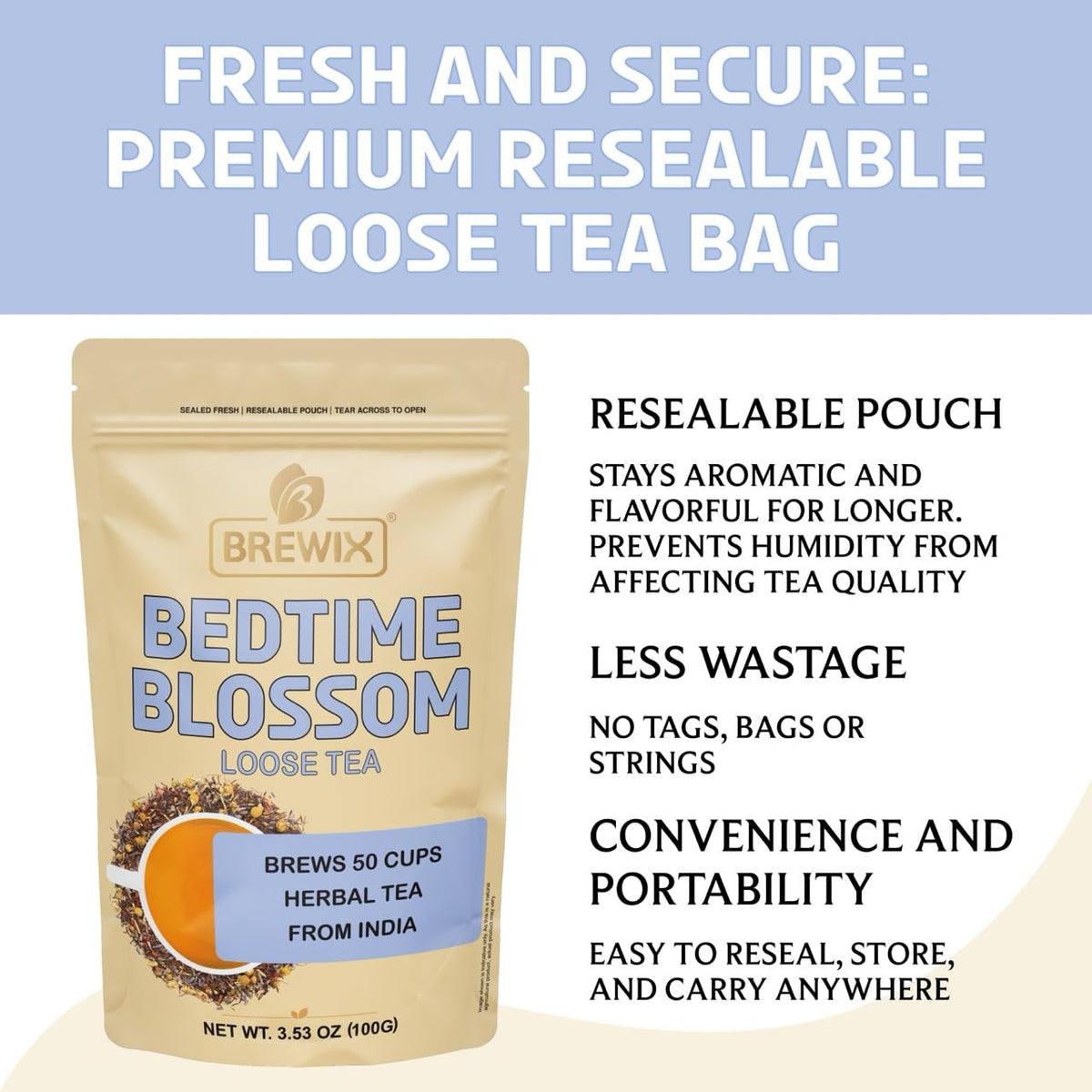 BREWIX Bedtime Blossom Sleep Tea Loose Leaf (50+ Cups) | Caffeine Free Calming Herbal Bedtime Tea with Rooibos, Chamomile and Lavender | Naturally Sweet Night Time Tea | Hot or Iced