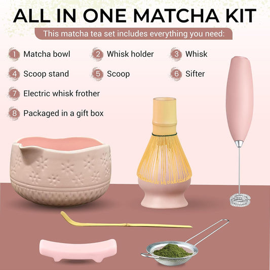 Matcha Whisk Set with Matcha Bowl - Matcha Set Included Electric Frother, Bamboo Whisk, Matcha Spoon, Bamboo Holder, Sifter, Spoon Stand (Mottled Green)
