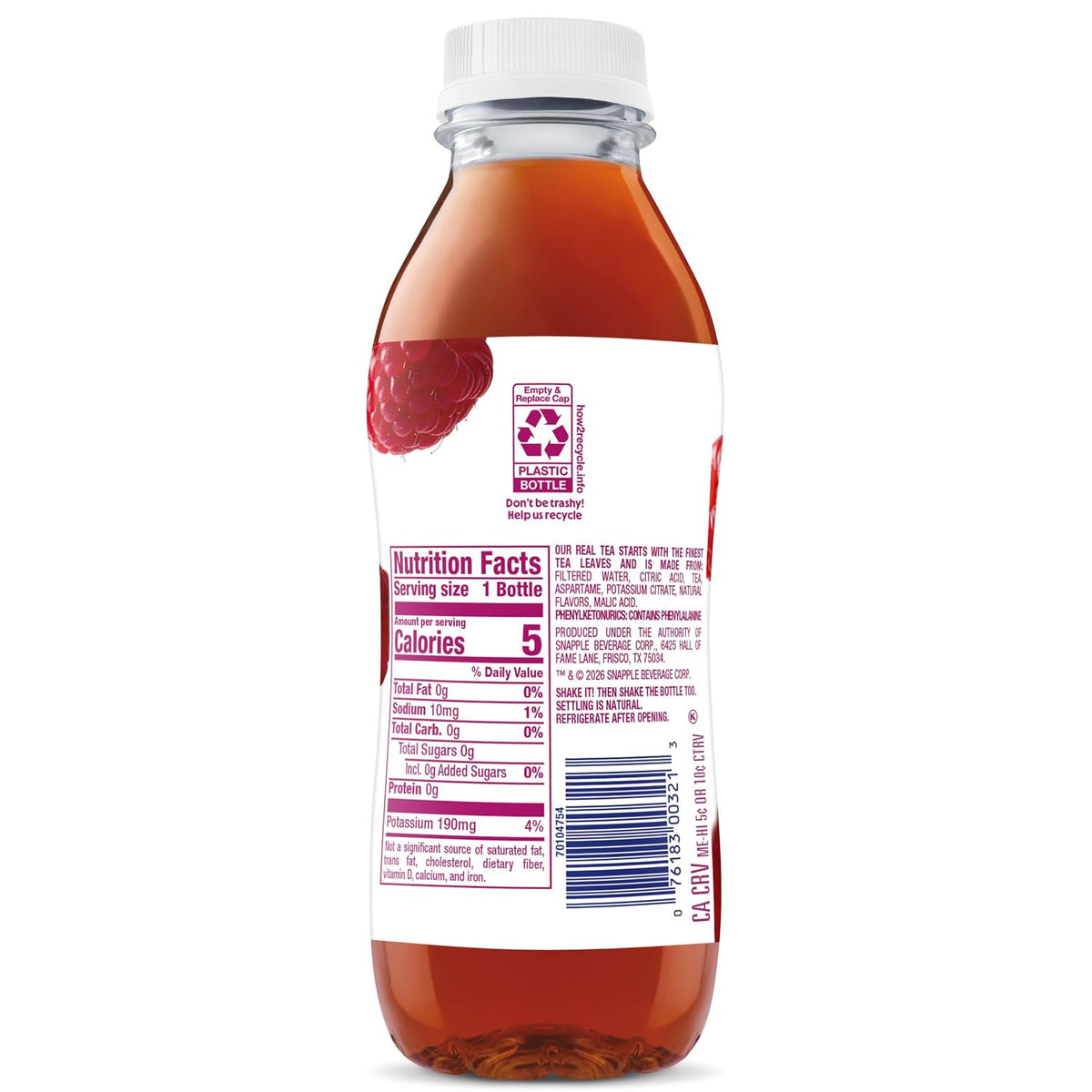 Snapple Zero Sugar Raspberry Tea, 16 fl oz recycled plastic bottle, Pack of 12