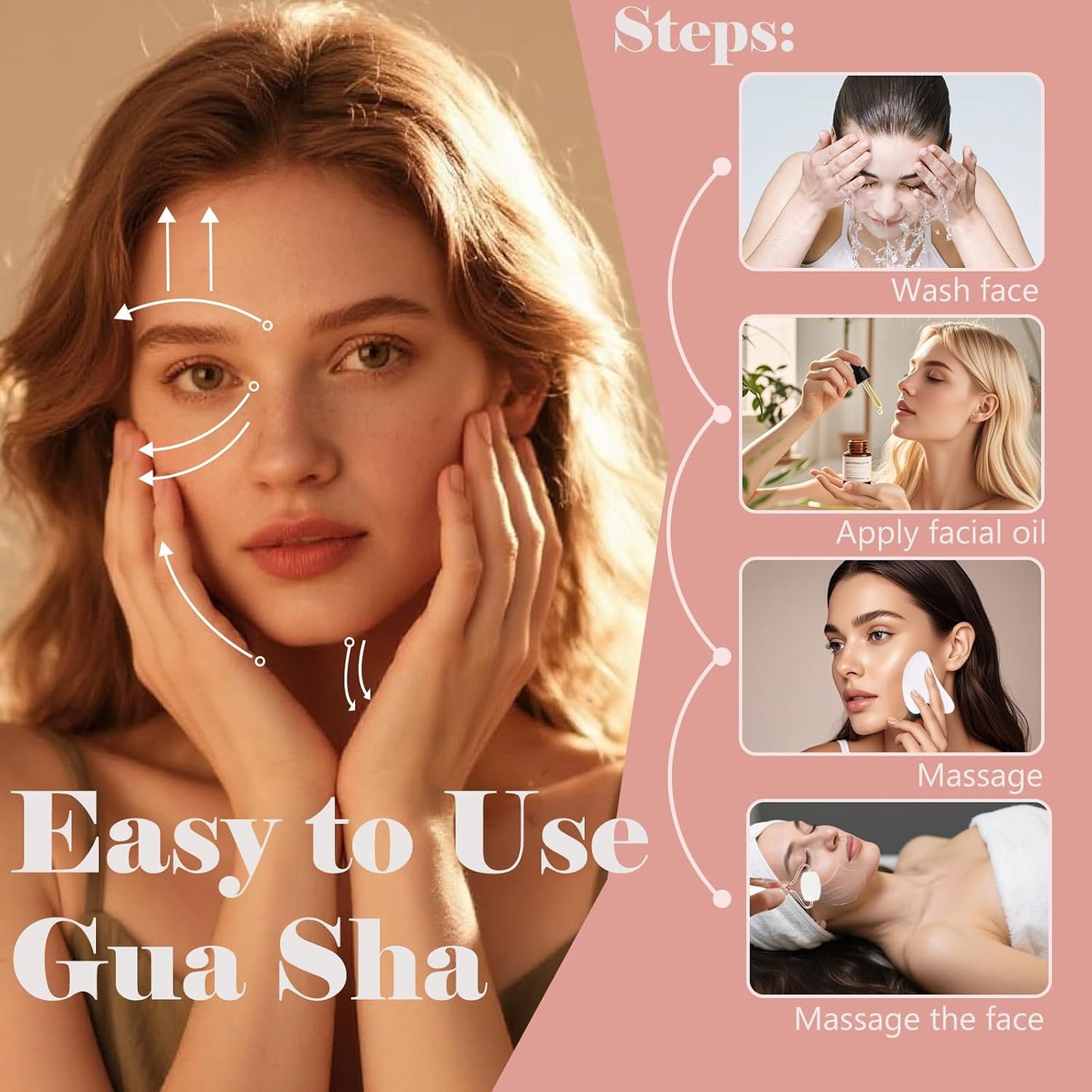 Jade roller and gua sha, facial roller, women's skincare tool, self-care gift, face, eye, neck massager, relieves fine lines and wrinkles, aventurine, opal, rose quartz