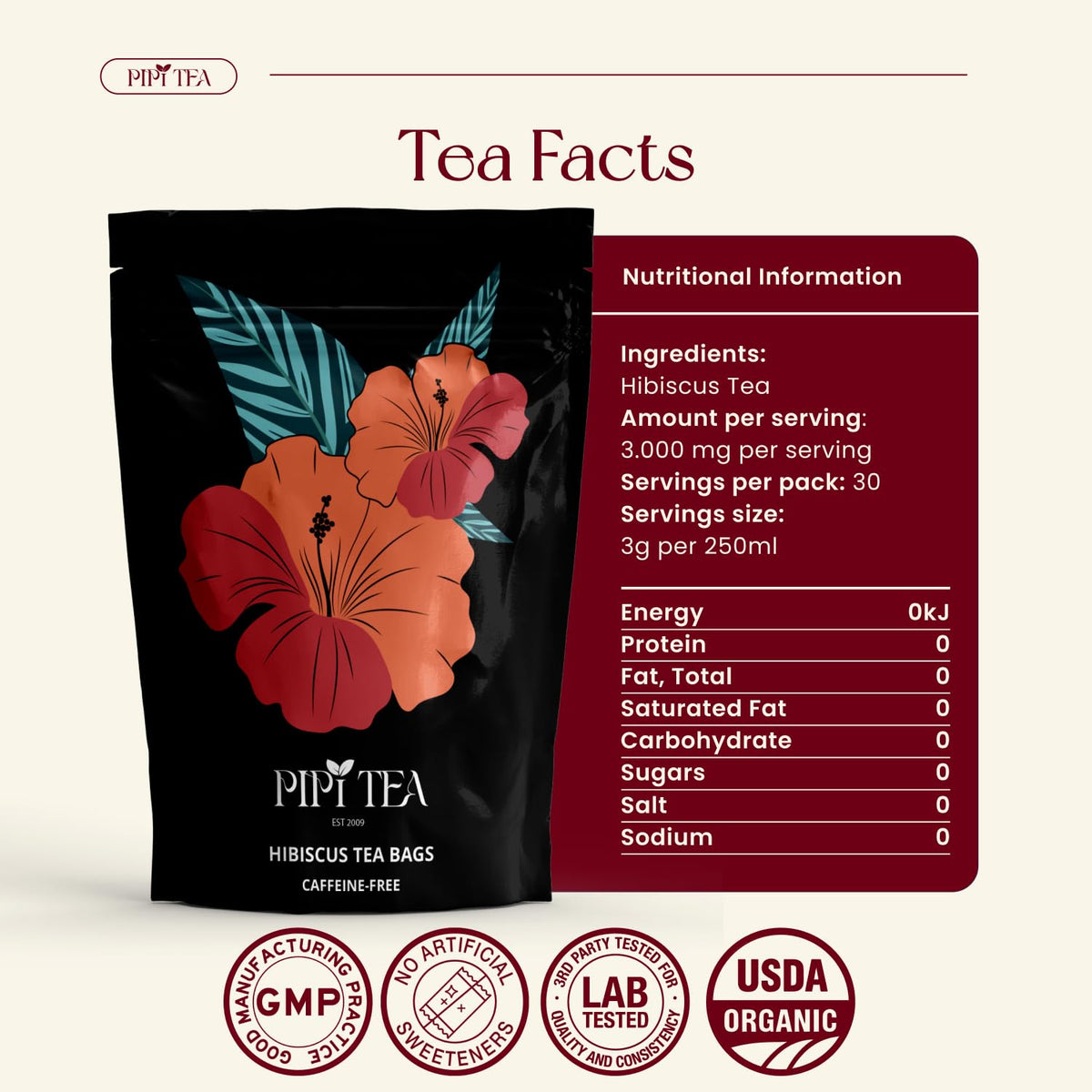 PiPi Tea Organic Hibiscus Tea Bags – Caffeine Free Herbal Tea Rich in Antioxidants, Non-GMO & Vegan, Sourced from Premium Hibiscus Flowers for Daily Wellness & Heart Health Support, 60g