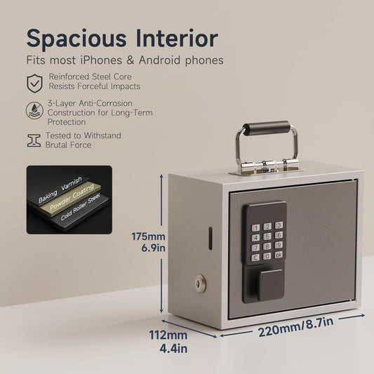 Phone Lock Box for Kids, Cellphone Jail for Screen Time Control, Passcode Lock with Backup Key, Remote Unlock for Parents, Secure Phone Storage for Homework and Sleep Routine