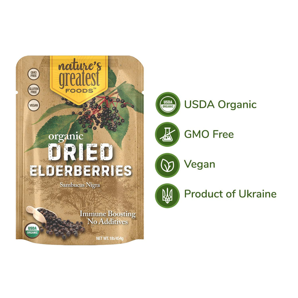Nature's Greatest Foods Organic Dried Elderberries, Non-GMO, 1lb Bag