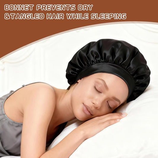 2Pcs Satin Hair Bonnets,Silk Bonnet for Sleeping, Soft Elastic Band Silk Sleep Cap, Hair Wrap for Women (Gold Black)