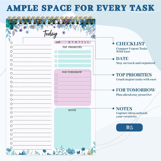to Do List Notepad, Undated Daily Planner, 120 Pages, 6.7 x 9.8 in | 100 GSM FSC Paper, Plastic Cover, Spiral Bound, Tear-Off Pages, Task Checklist Layout For Home Office School Supplies