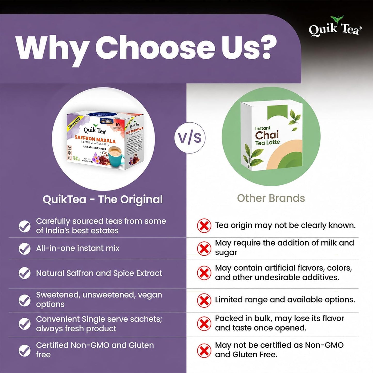 QuikTea Instant Saffron Masala Chai Tea Latte Unsweetened, 10 Single-Serve Sachets, Artisanal Indian Chai Latte Mix, Just Add Hot Water, Low Caffeine, Non-GMO, Gluten Free.