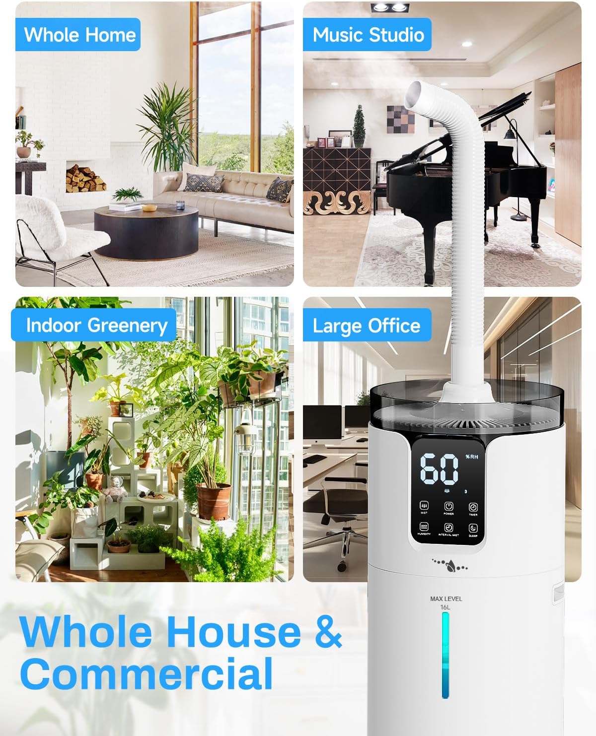 LACIDOLL 16L Cool Mist Tower Humidifier for 1500 sq.ft Large Room | Top fill cool mist, 360° nozzles, night light, quiet, adjustable humidity, perfect for home, greenhouse, office with remote
