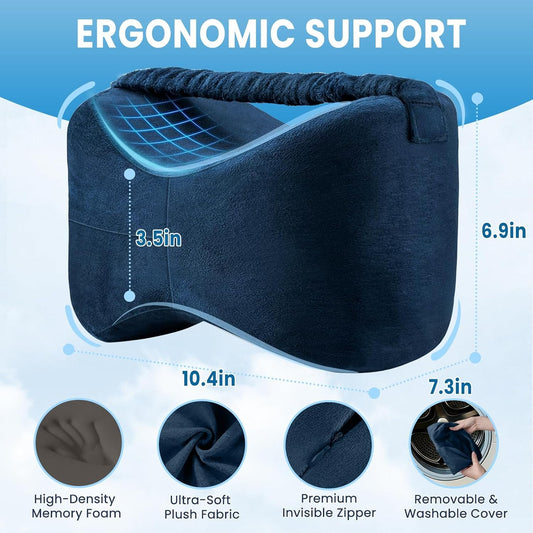 Knee Pillow for Side Sleepers with Strap, Supportive Memory Foam Leg Pillow for Side Sleeping & Spine Support, Ergonomic Curved Design for Hips and Back, Light Grey