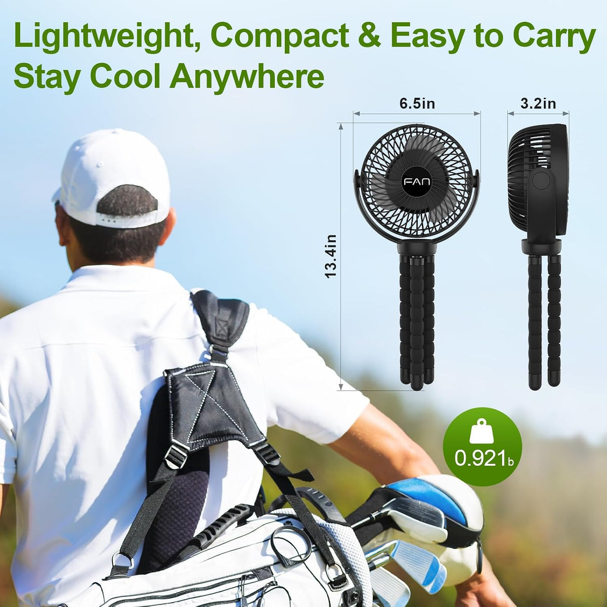 Rechargeable Golf Cart Fan, 10000mAh Battery for 55H Max Runtime, Portable Fan with Flexible Tripod, USB Type-C Charging, 3-Speed & Timer, Compatible with EZGO Club Car Yamaha