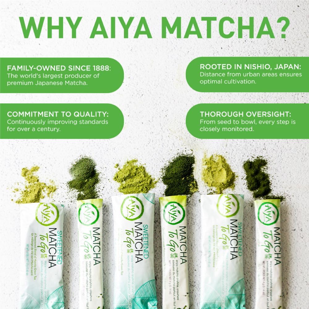 Aiya Japanese Sweetened Matcha Powder to Go Sticks - Ceremonial Grade, Vegan-Friendly, Gluten-Free - 8 Individually Packed Single-Serving Sticks for Freshness and Convenience