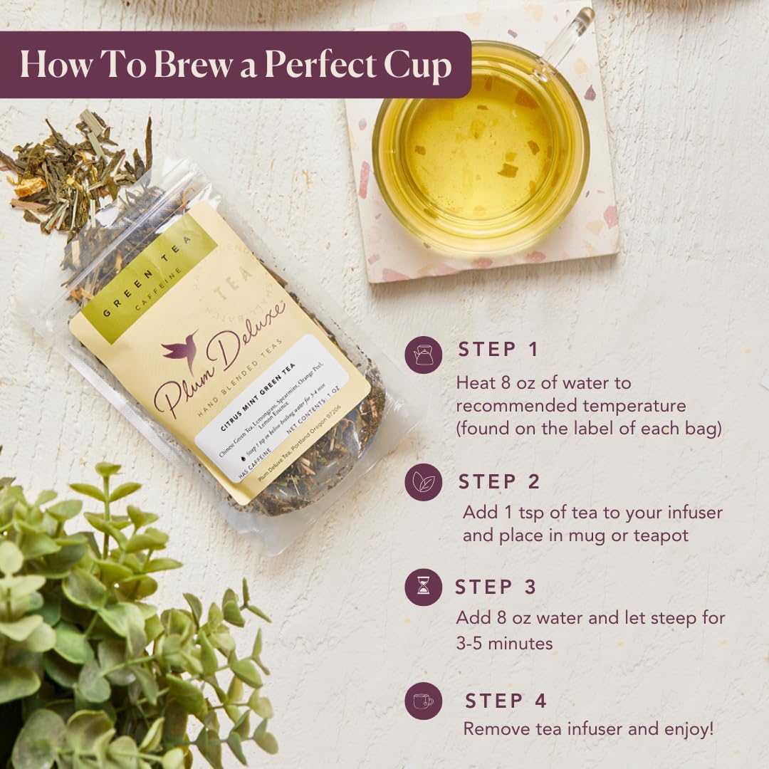Herbal Tea Sampler – 5 Caffeine-Free Loose Leaf Blends for Sleep and Relaxation, Fruity and Dessert-Inspired Flavors, 75 to 100 Cups – Handcrafted in USA – Plum Deluxe