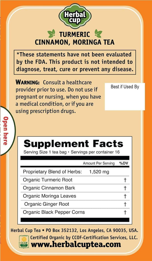 Herbal Cup Ayurveda Turmeric Tea, Organic Cinnamon Moringa, No Caffeine Herbal Supplement (16 Count, Pack of 3)