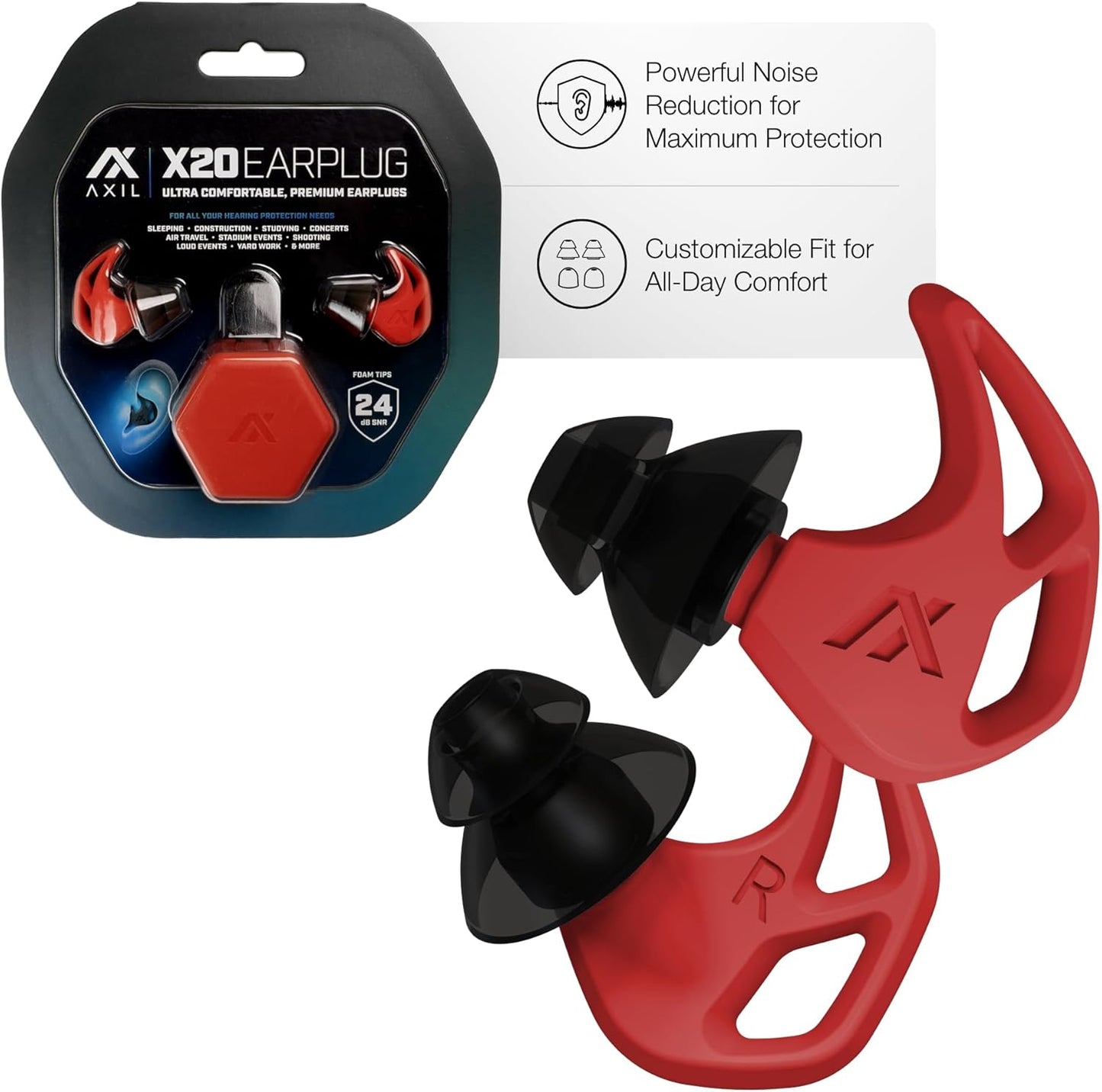 AXIL X20 Noise Reduction Ear Plugs - Pink - Customizable Fit Hearing Protection for Sleeping, Festivals, Live Events and Sports – 24dB Reusable Foam and Silicone Eartips with Carrying Case