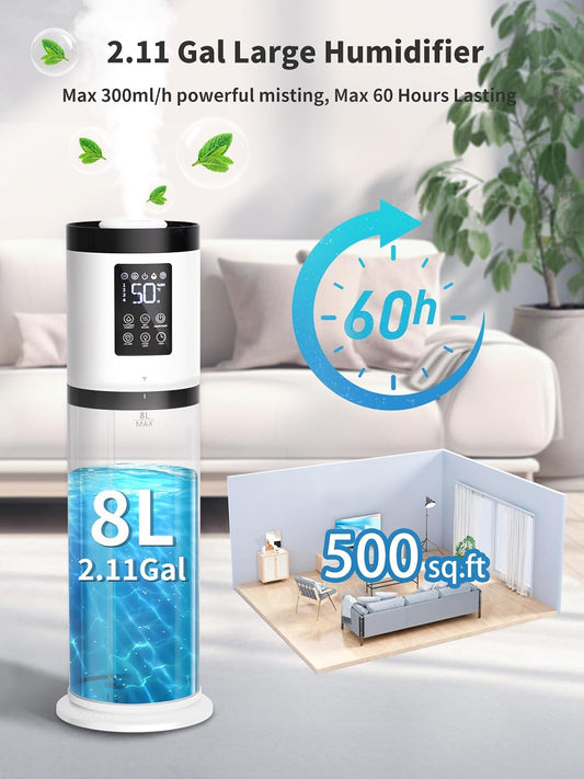 8L Humidifiers for Bedroom, 30dB Quiet, 500ft² Coverage, 60H Runtime