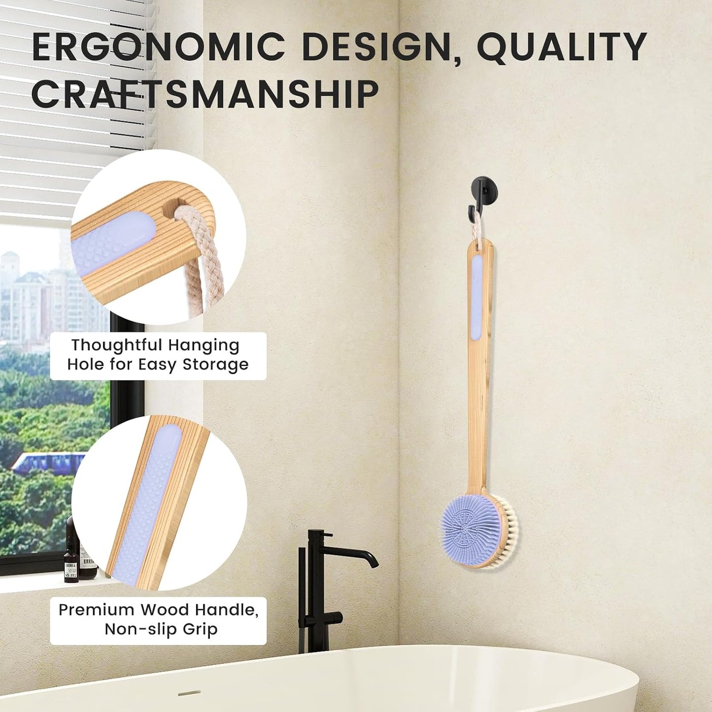 Back Scrubber for Shower,17in Bamboo with Curved Long Handle - Stiff Natural Boar Bristles for Men and Women, Deep Cleansing and Exfoliating, Anti-Slip Grip for Wet or Dry Brushing