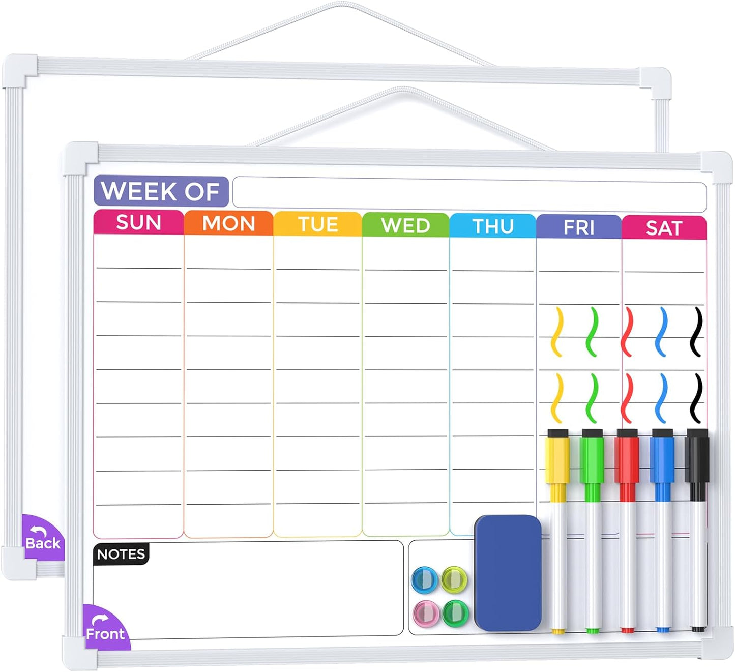 MaxGear Weekly Calendar Dry Erase Board, 16" x 12" Double-Sided Whiteboard | Double-Sided Design, Portable Weekly Planner, Magnetic Surface, 5 Markers & 4 Magnets, Hanging for Drawing, Memo, to Do List